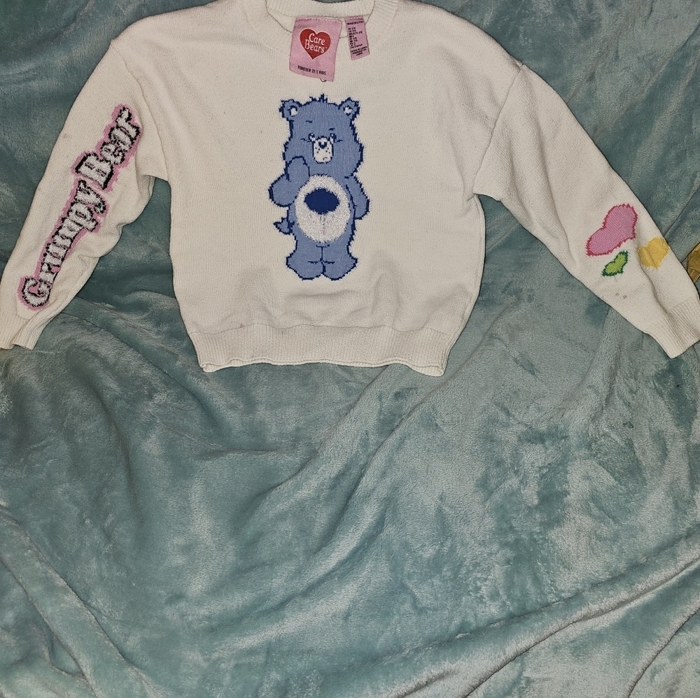 Forever 21 Kids White Sweater with Blue Care Bear Design Grumpy Bear
